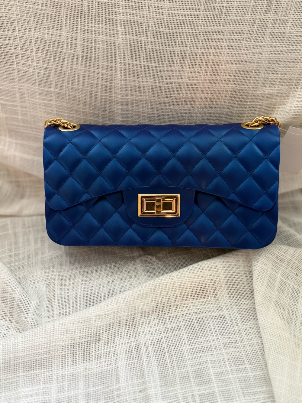 Quilted Sapphire Satin Shoulder Bag with Gold Turn-Lock